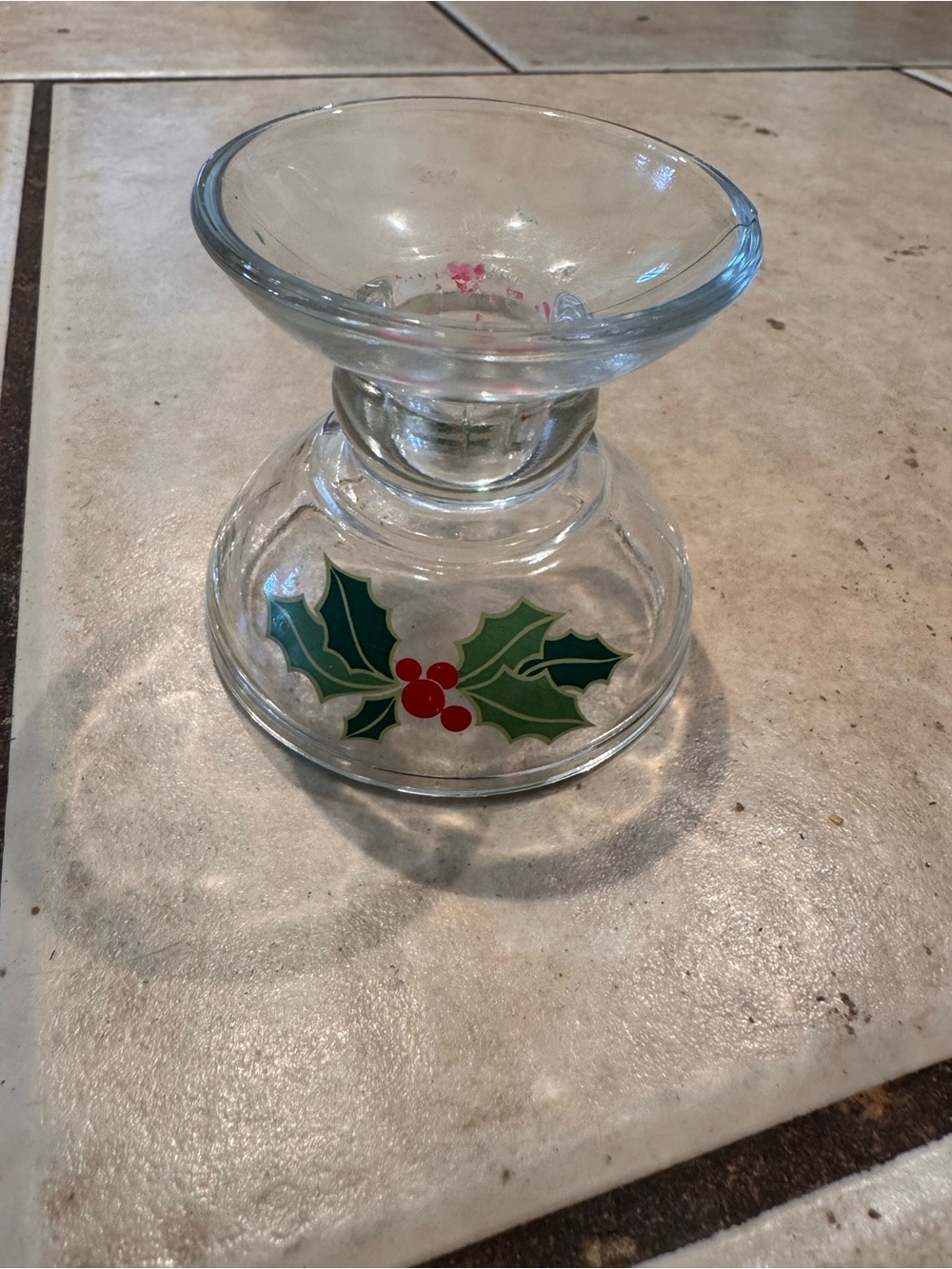 Avon Clear Glass Holiday Candle Holder with Green Holly and Red Berries